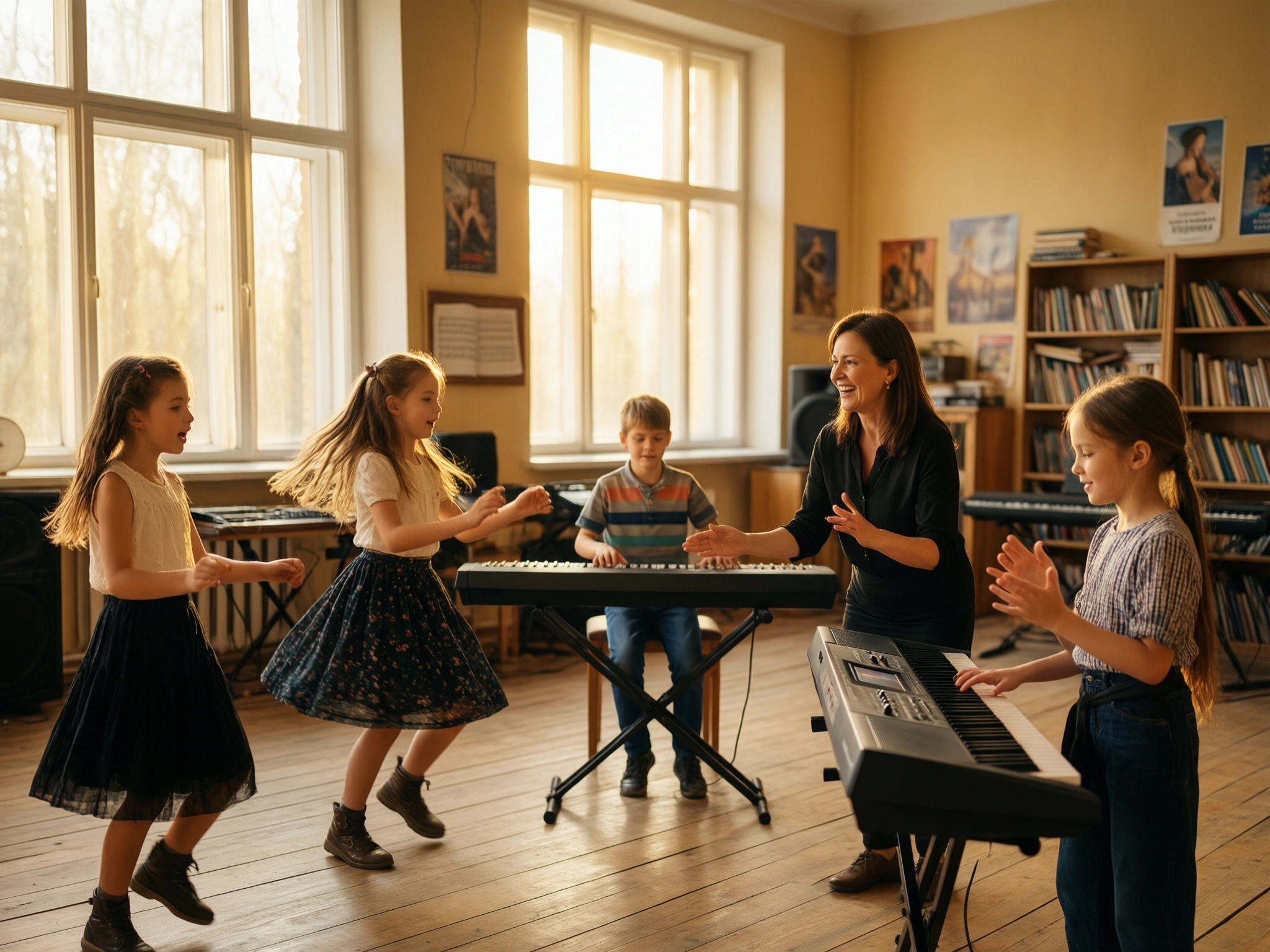 Занятие по развитию музыкальных способностей в школе QUEENTA: дети одновременно поют, танцуют и играют на синтезаторе под руководством преподавателя в светлой студии